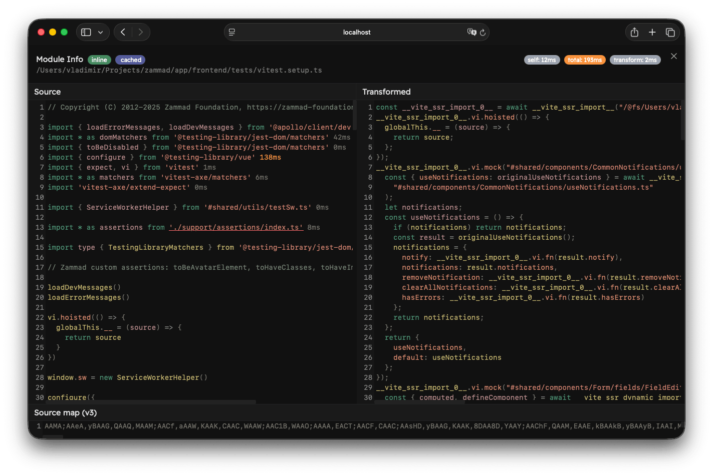 The module info view for an internal module
