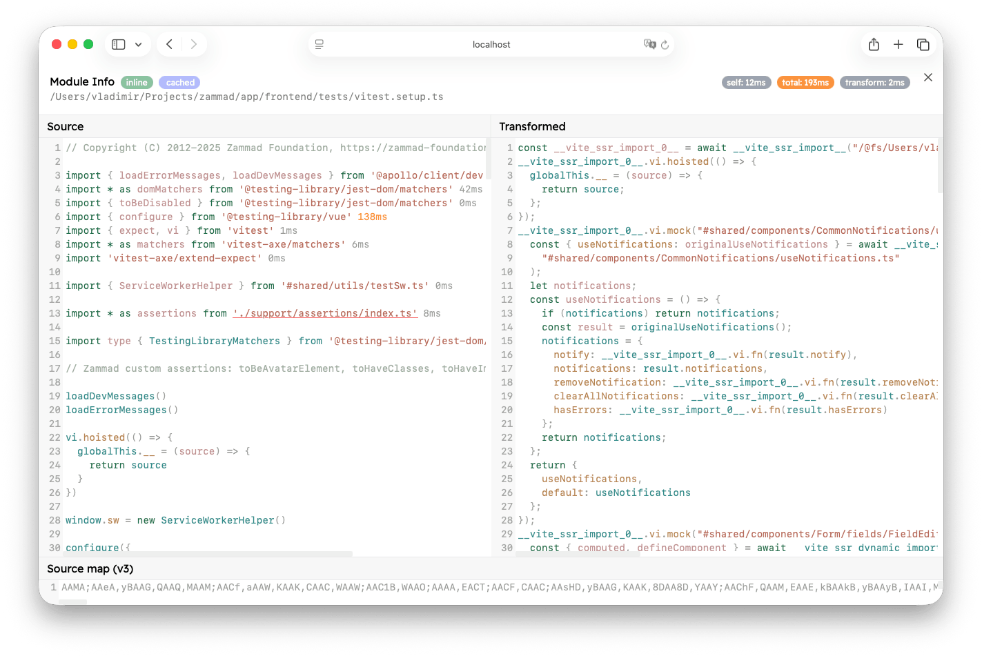 The module info view for an internal module